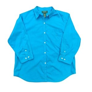 Ralph Lauren Petite Bright Blue Button Up Shirt Cropped Sleeves 100% Cotton P/L